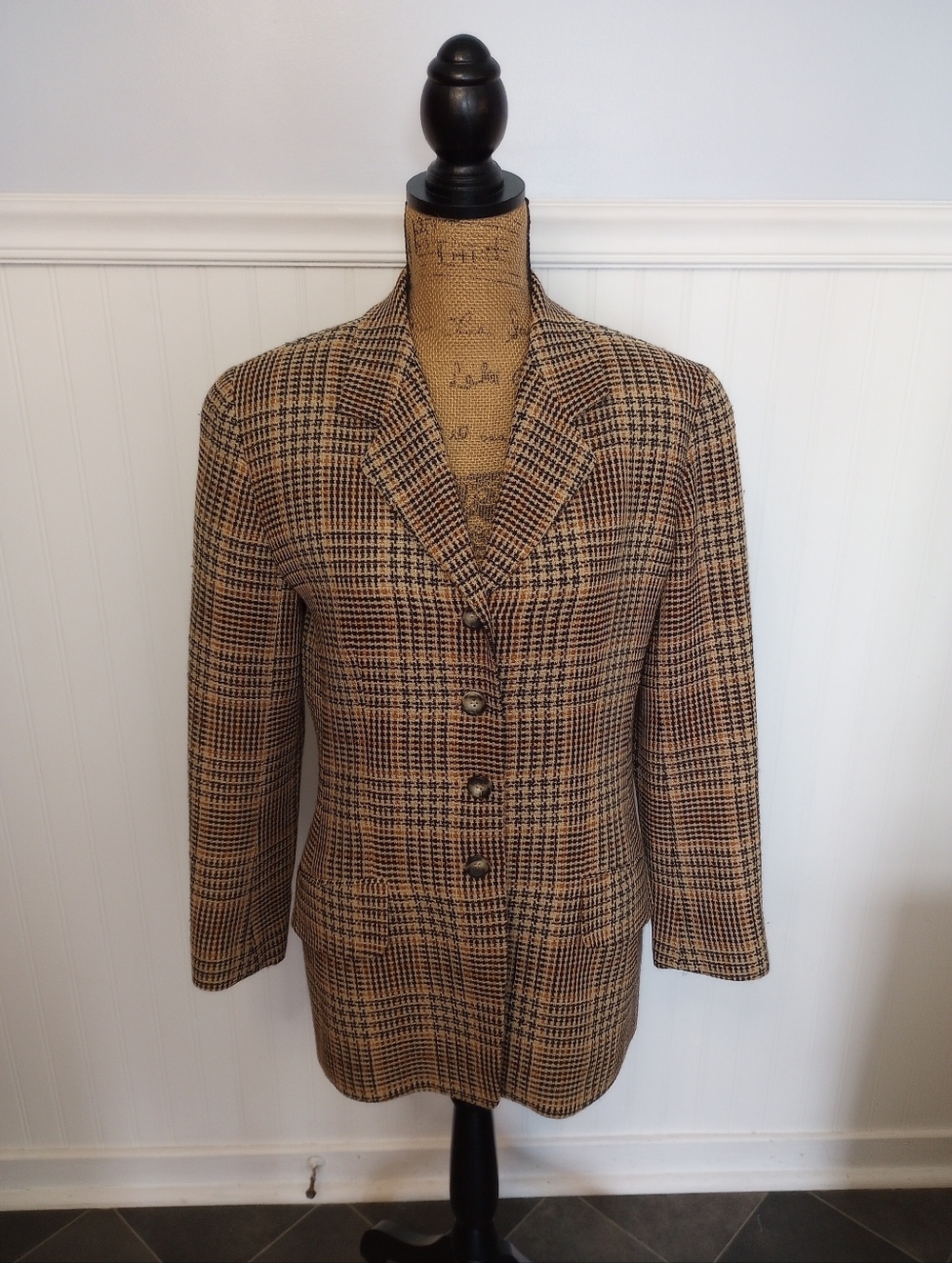 Emanuel Ungaro Vtg Wool Tweed Tan Black Houndstooth Plaid Blazer Size 6 Academia